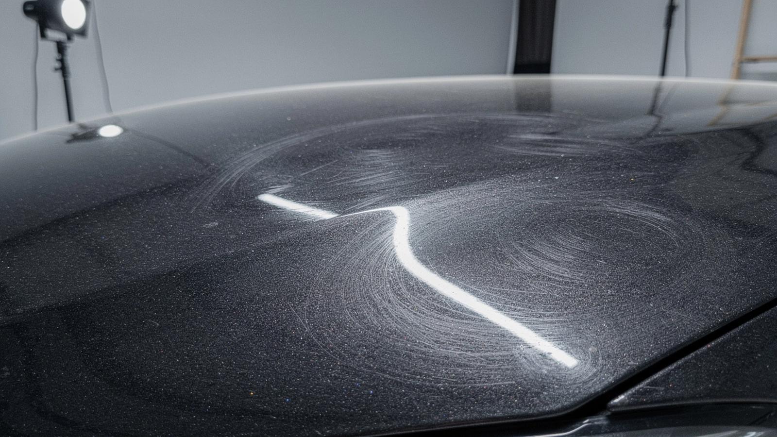 Macro view of a graphite bonnet under an inspection lamp with clearcoat texture visible